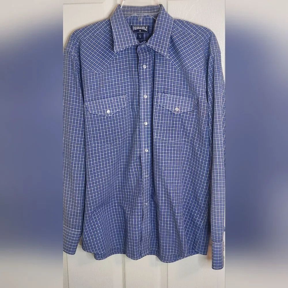 Panhandle L 16 1/2 36 Plaid Blue White Pocket Lngslv Buttons Up Men's Shirt